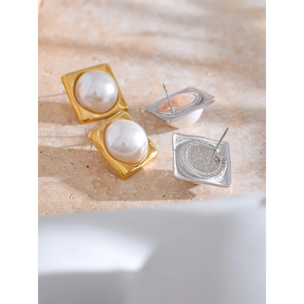 JINYOU 4381 Fashion High-grade Simulated Pearls Ear Studs Trendy Stainless Steel Square Stud Earrings for Women Accessories Gift