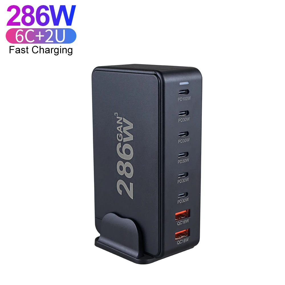 286 Вт GAN настольное зарядное устройство 2A + 6C 100W PD USB Type C зарядная станция для ноутбука, планшета, мобильного телефона, США/Великобритании/AU/ЕС, адаптер