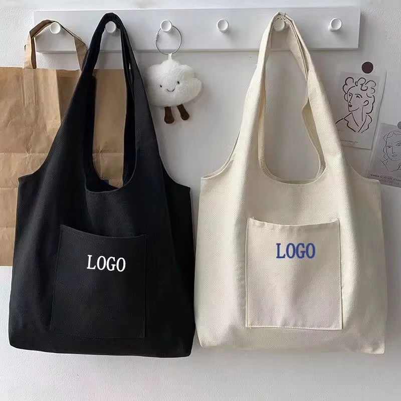 Factory Custom Logo Print Plain Reusable Big Outer Pouch Cotton Canvas Shopping Tote Bag With Pocket