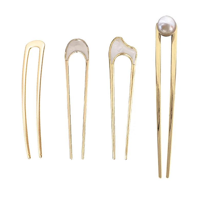 Korean U Shape Elegant Rose Gold Black Silver Metal Hair Stick Handmade Pearl Chopstick Girls Hair Accessories Hair Clips Pins