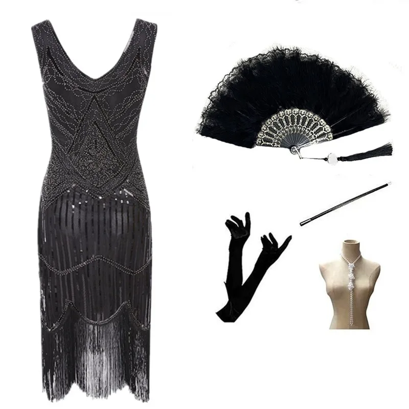 Wholesale 1920s Black golden beige Flapper Dress Great Gatsby Charleston 20s Abbey Sequins Fancy Costume