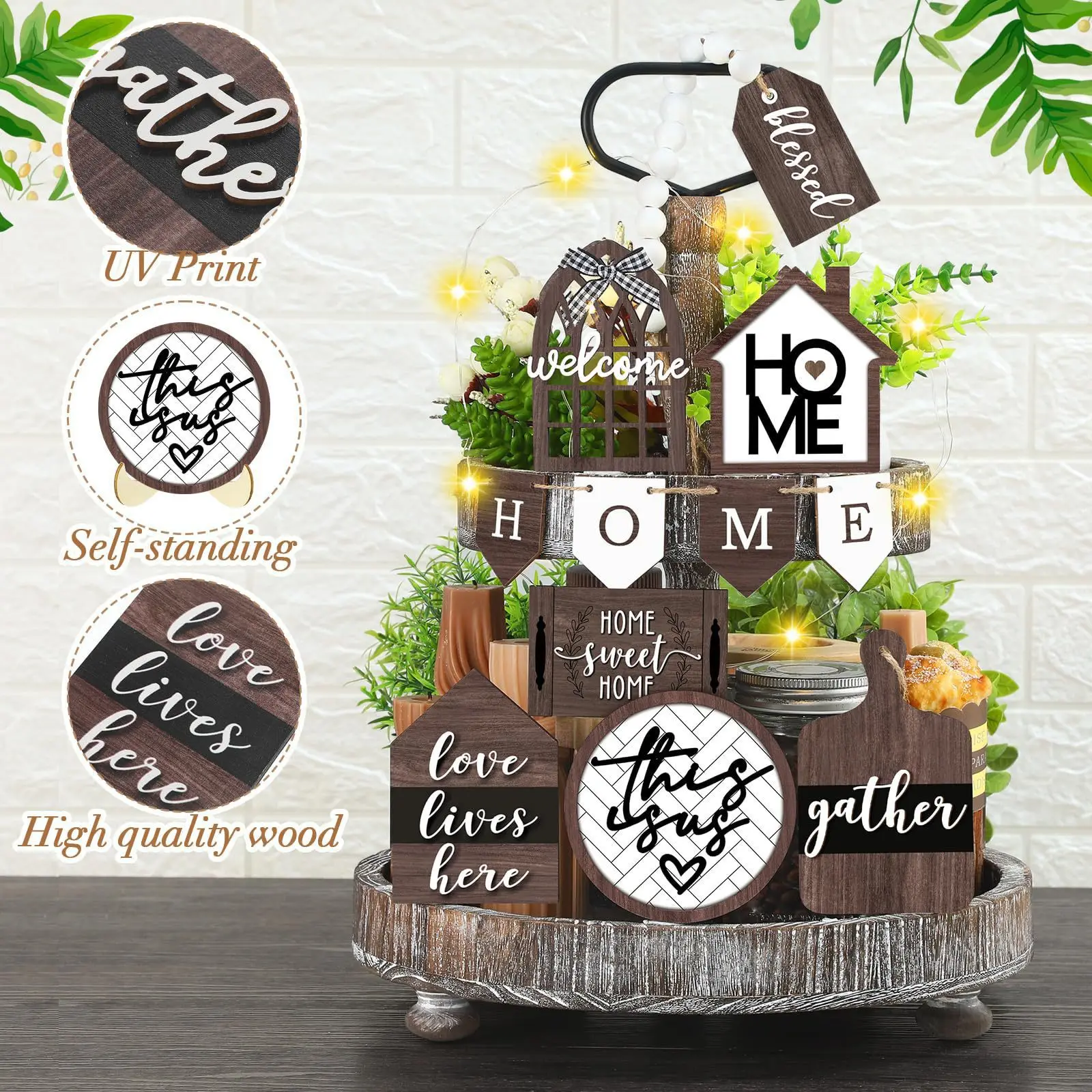 Custom Farmhouse Tiered Tray Decoration Ornament Craft 11 Piece Rustic Wood Sign for Table Kitchen Home Decor