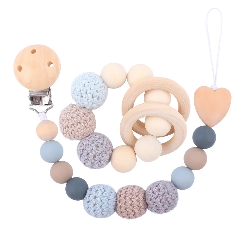 Wood Baby Pacifier Chain Baby Teethers 2pcs set Wooden Beads Teething Pacifier Holder For Baby