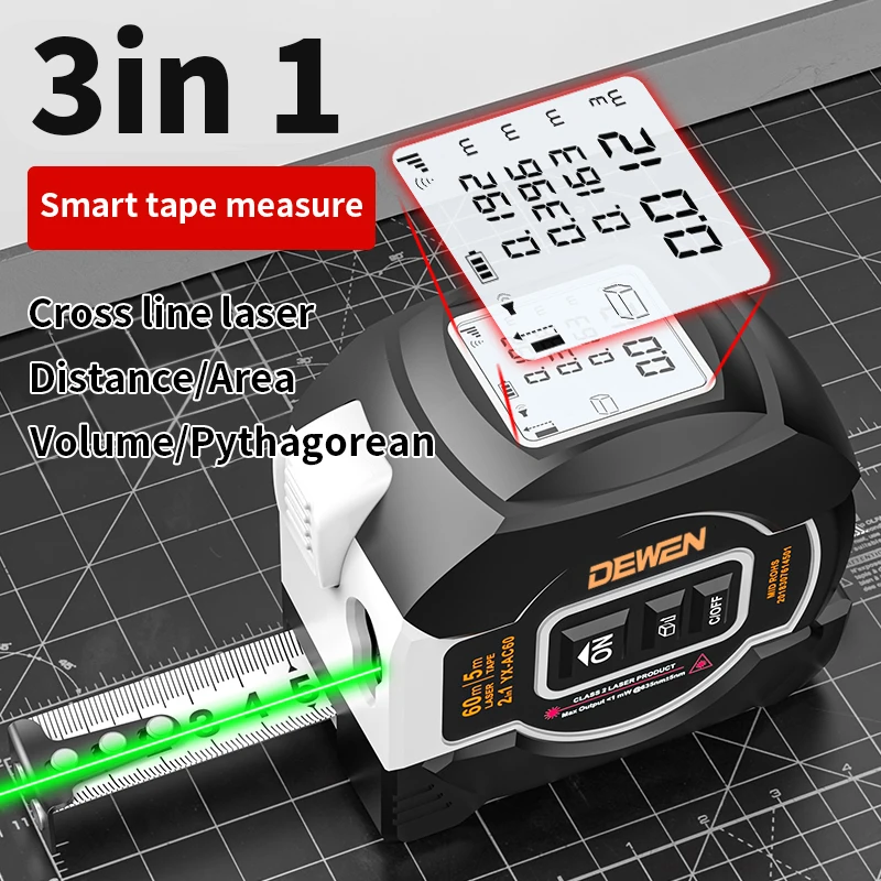 DEWEN 3 in 1 Laser Measuring Tape 60m Laser Light with Digital Screen Cross Leveling Function Laser Measurement Tape Machine