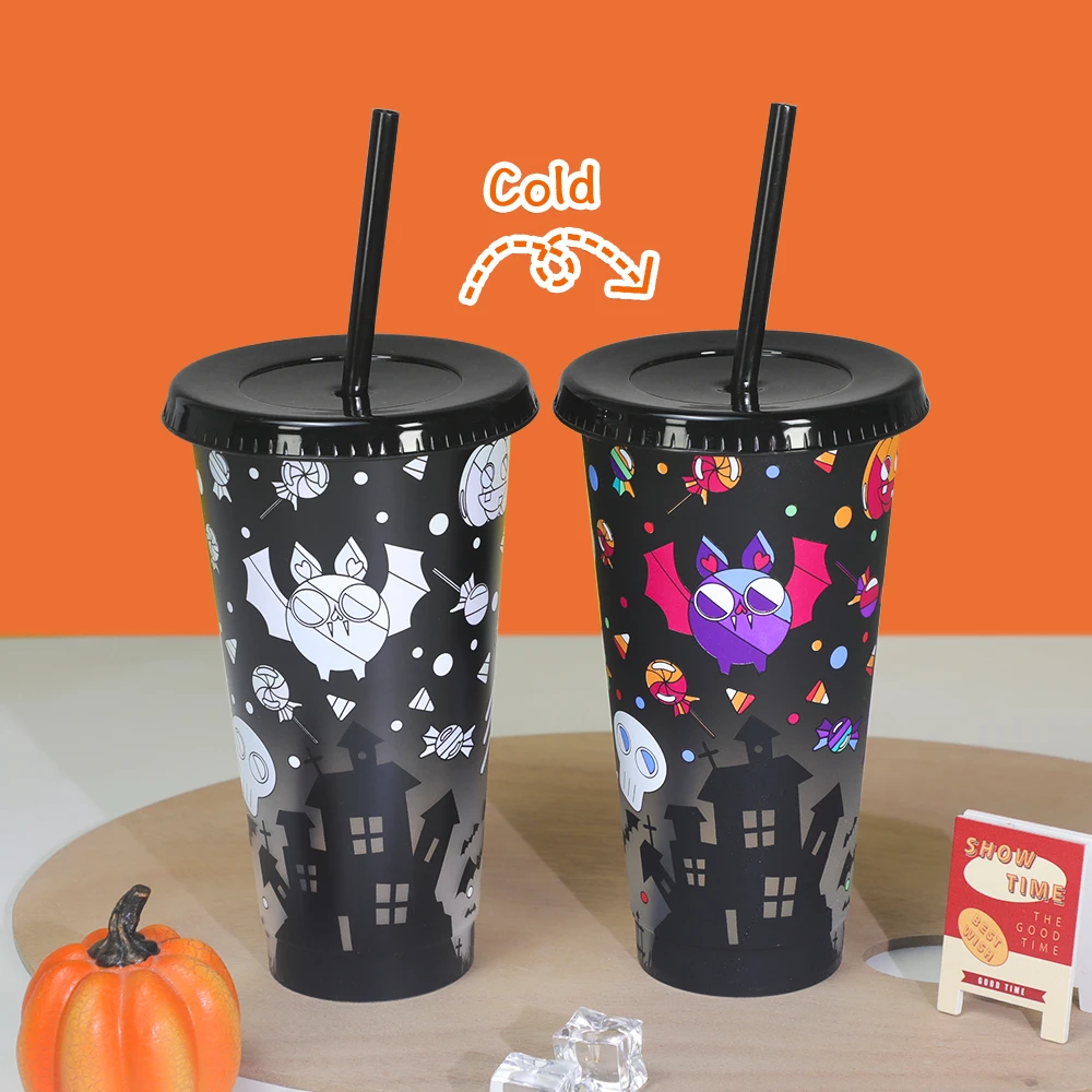 Magic tumbler sipper glass plastic Halloween Ghost magic cold colour black color changing cup with straw