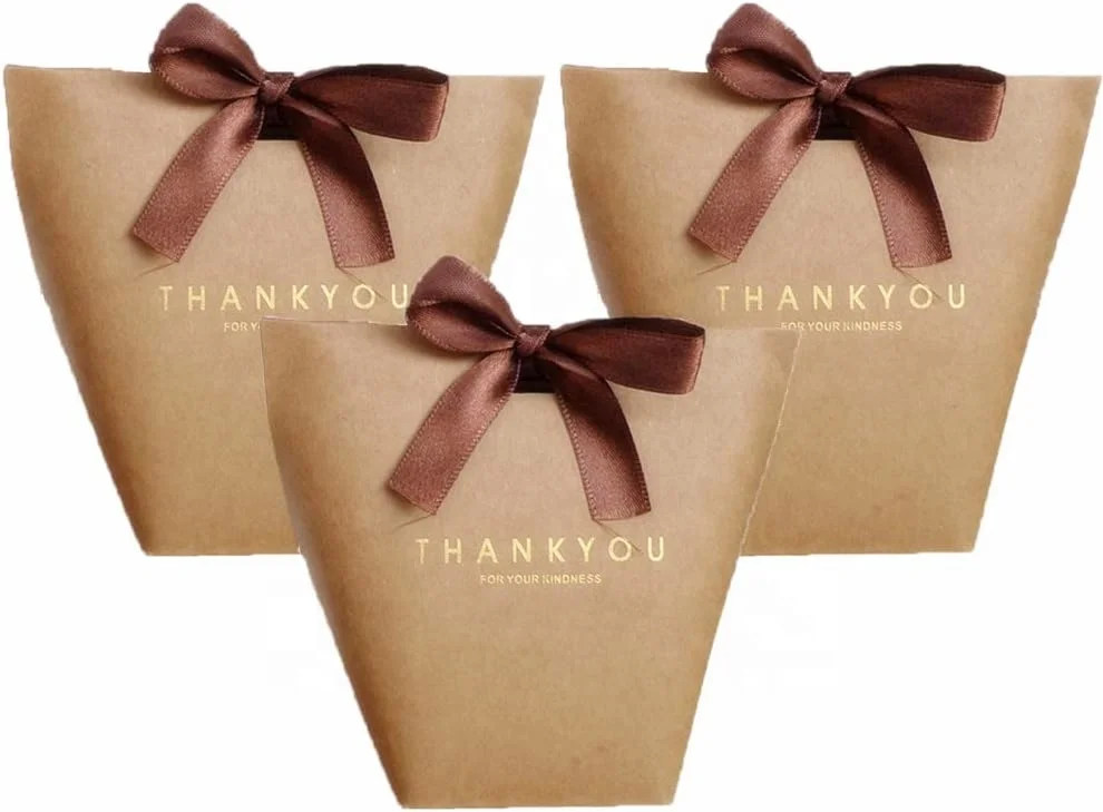 Kraft Paper Luxury Ribbon Gift Candy Chocolate Bag  With Gold Stamping Hot Foil Paper Bag For Gift