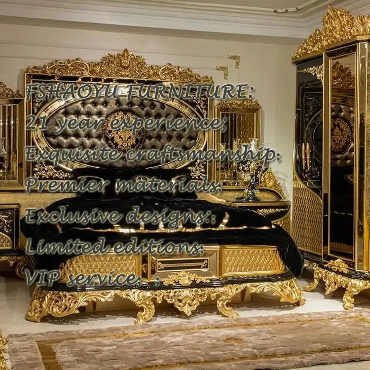 2023 Turkish Middle East Eastern Luxury Antique Royal Hand Carved Bed Room Furniture Set Five Pieces Black Gold African American