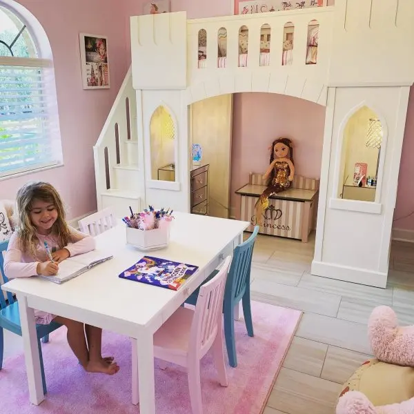 Sampokingdom Factory price pretty girl queen  princess house Children Castle wood bed  with storage drawers in sleeping room