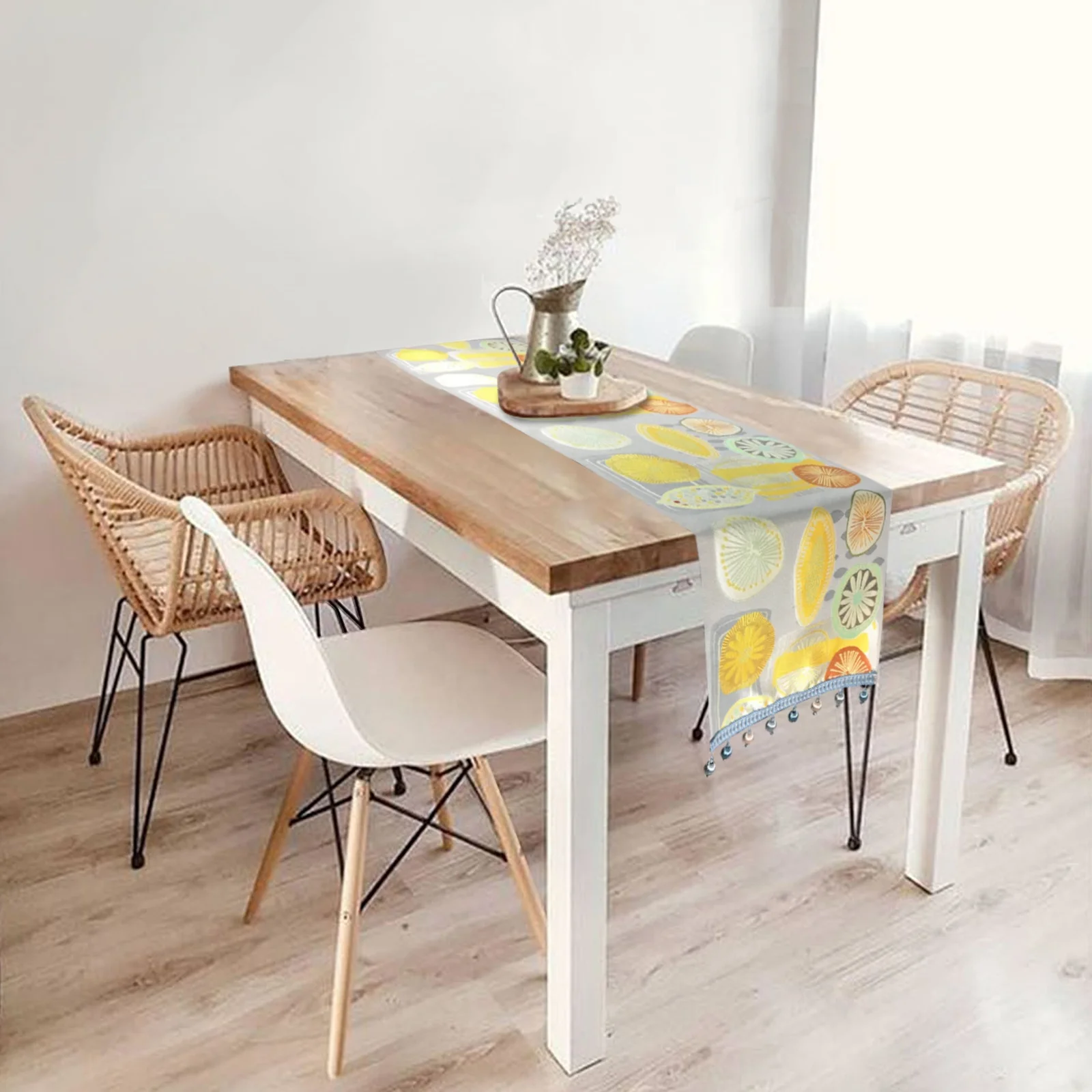 Contemporary 100% Polyester Home Table Linen Jacquard Lemon Table Runner With Beads