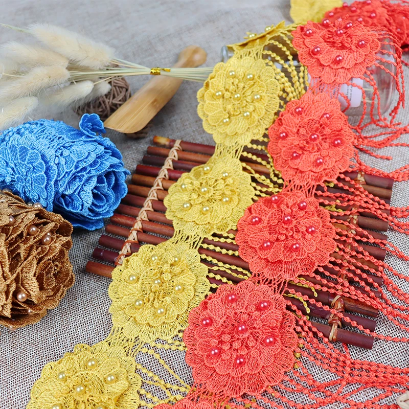 wholesale 100% polyester embroidery multi colors fringe lace pearl beaded tassel lace trim for dress