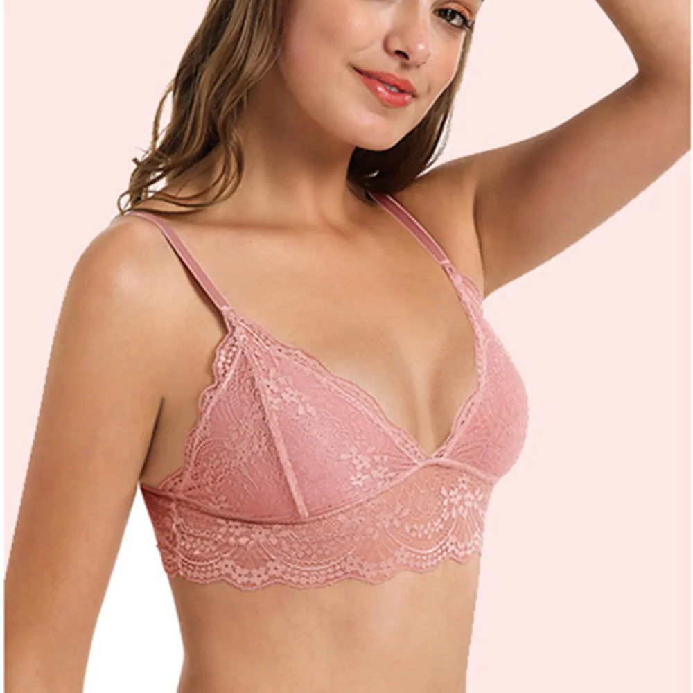 Wholesale seamless deep V lace girl ladies bra wireless thin underwear sexy lingerie bras for women