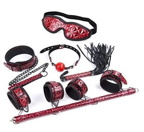SM Fun Suit Adult Products Diamond Pattern Leather Whip Eye Mask Mouth Ball Neck Sleeve Hand & Footcuffs with Iron Pipe Women