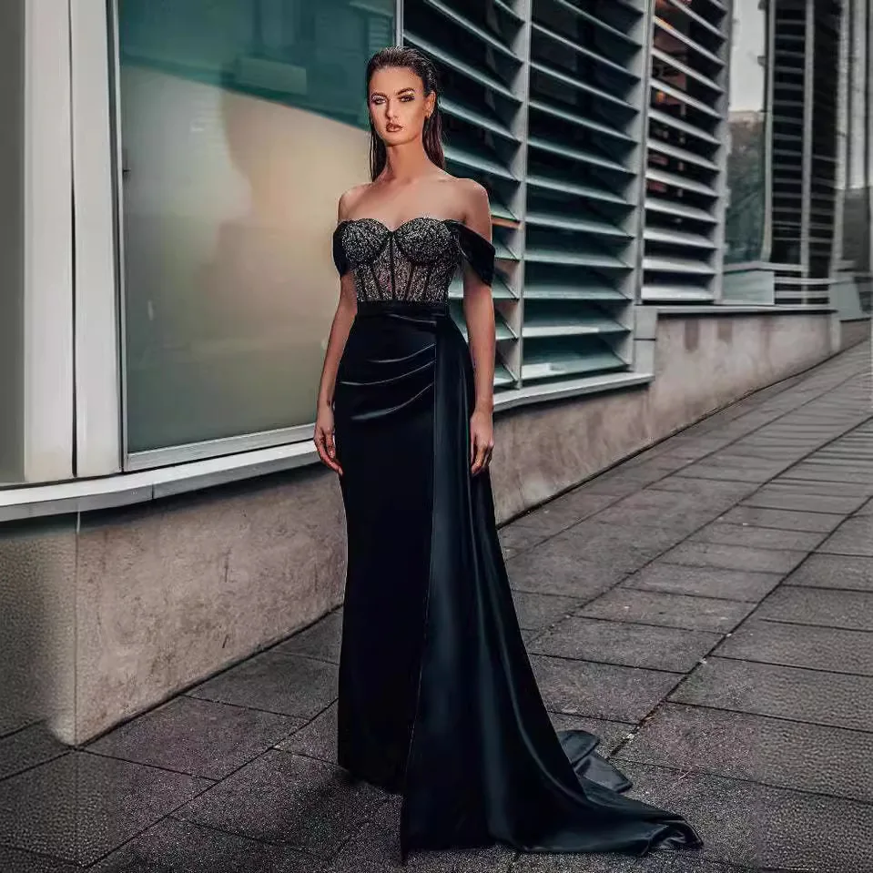 MANYLIYA High quality strapless sensual lace dinner fishtail evening gown fashion one shoulder slit sequin women prom dress