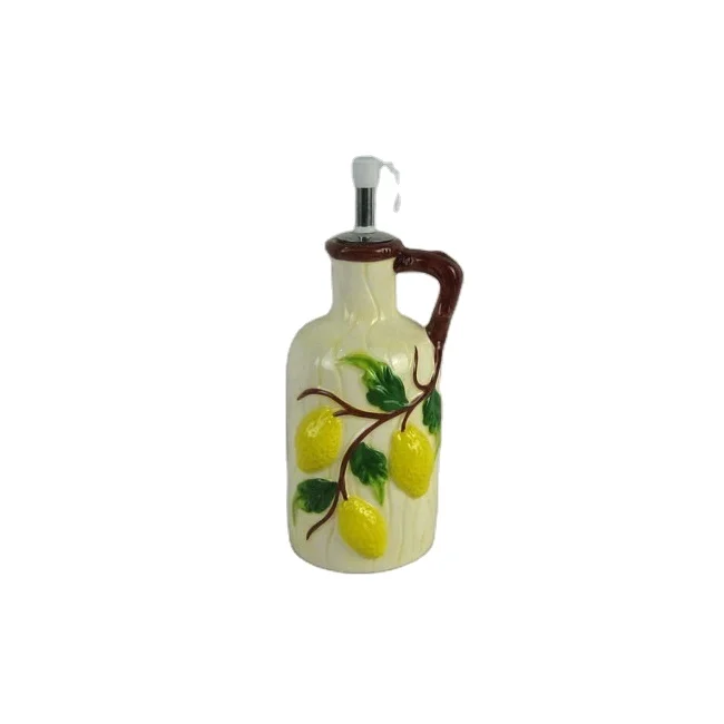 Handpainted ceramic olive oil dispenser with decorative lemon design