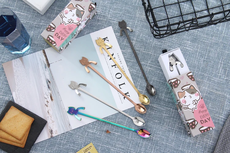 Creativity tableware 304 stainless steel metal lovely cat long handle spoon for drinks