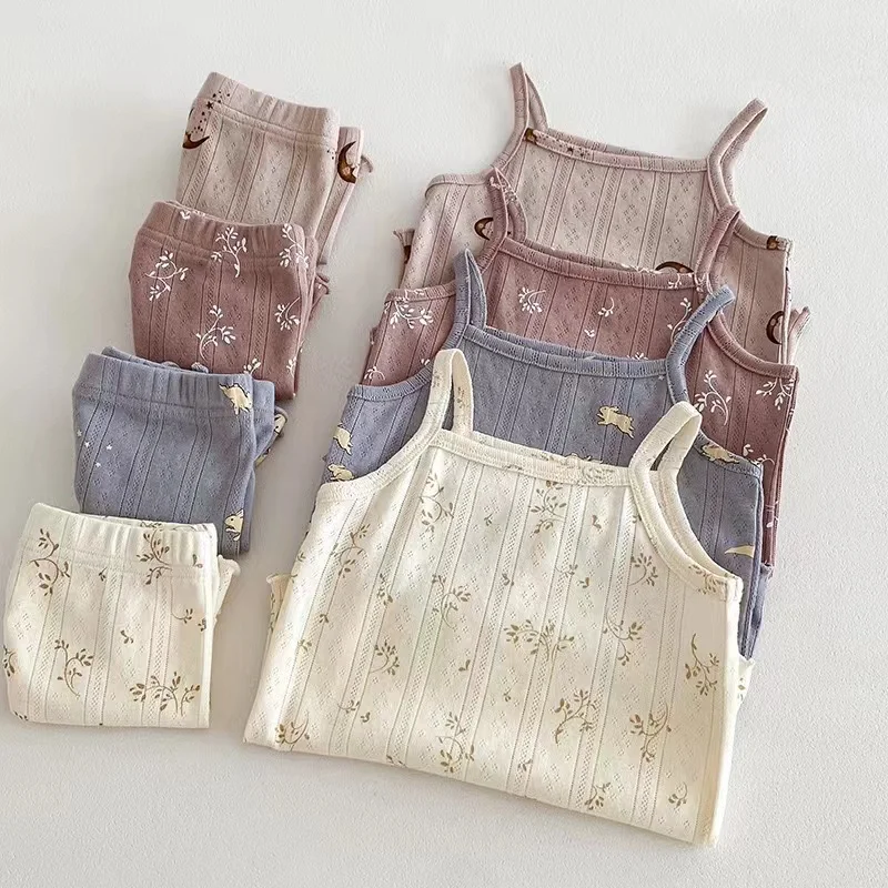 2024 New Summer Girls Printed Suspenders Pajama Set