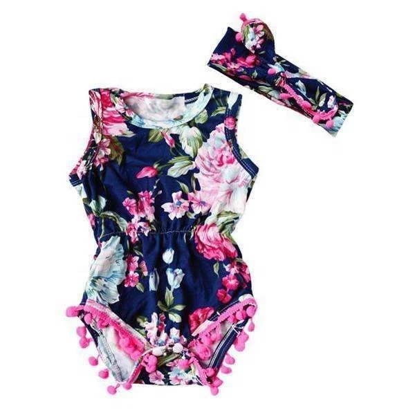 Wholesale newborn baby clothes cute Ball Tassel Ruffle Romper Baby Girls Flamingo Printing Headband 2pcs ROMPER TEAL