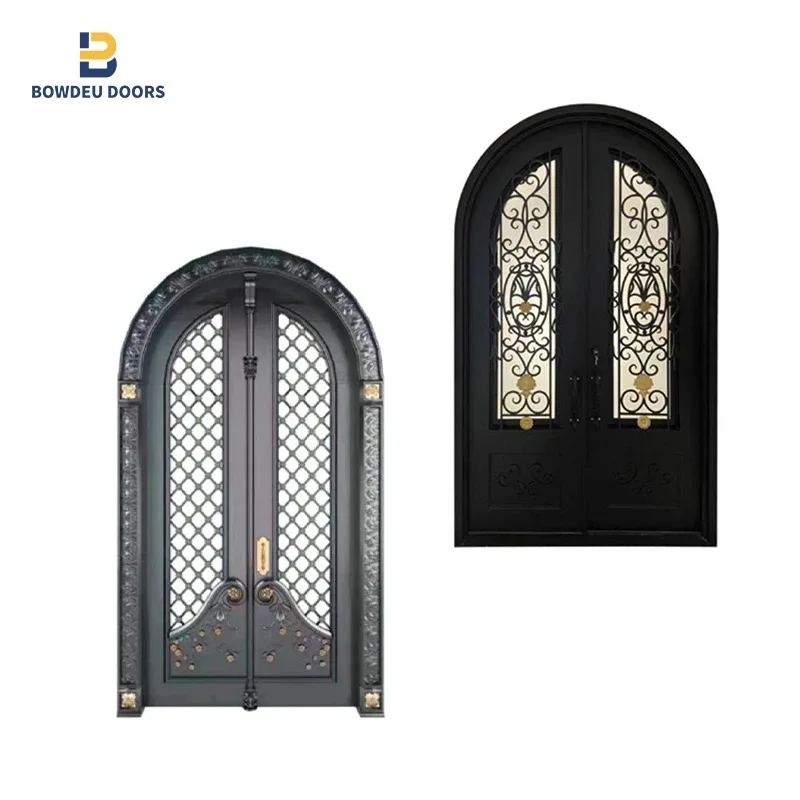 Modern double security door wrought iron entrance security steel front entry door with glass