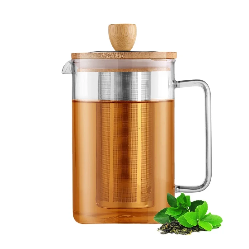 2024 New Novelty Square Tea Pot Glass 1000ml.High Heat Resistant Glass Teapot With Spring Filter, Ss Infuser And Bamboo Lid