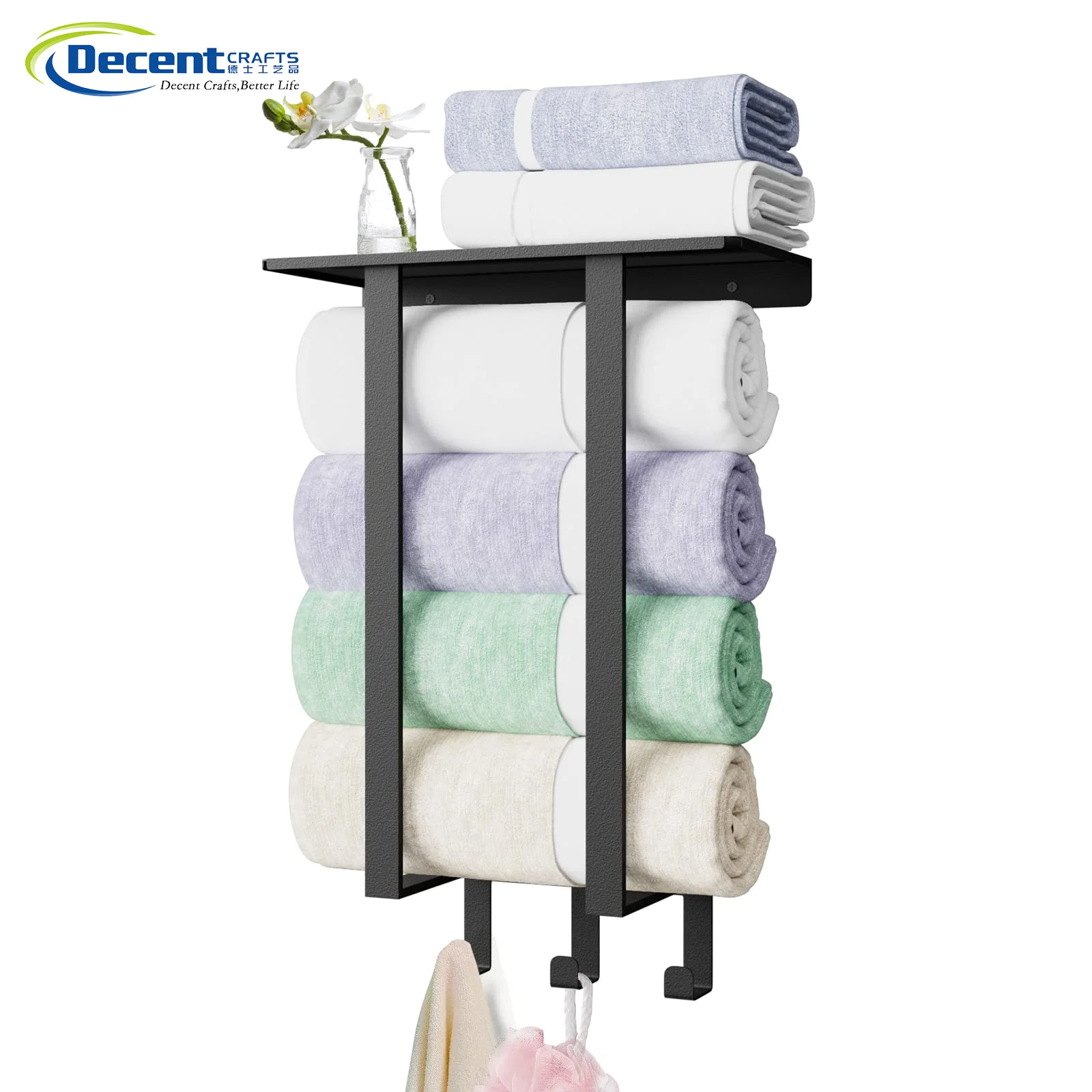 Cheap Black Towel Rack Wall Mounted Bathroom Towel Rack Shelf with Hooks Metal Towel Storage Rack