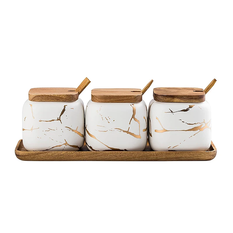 3 pcs Porcelain Condiment Jar Set Kitchen Ceramic Spice Jar with Bamboo Tray Marbled Ceramic Storage Jar