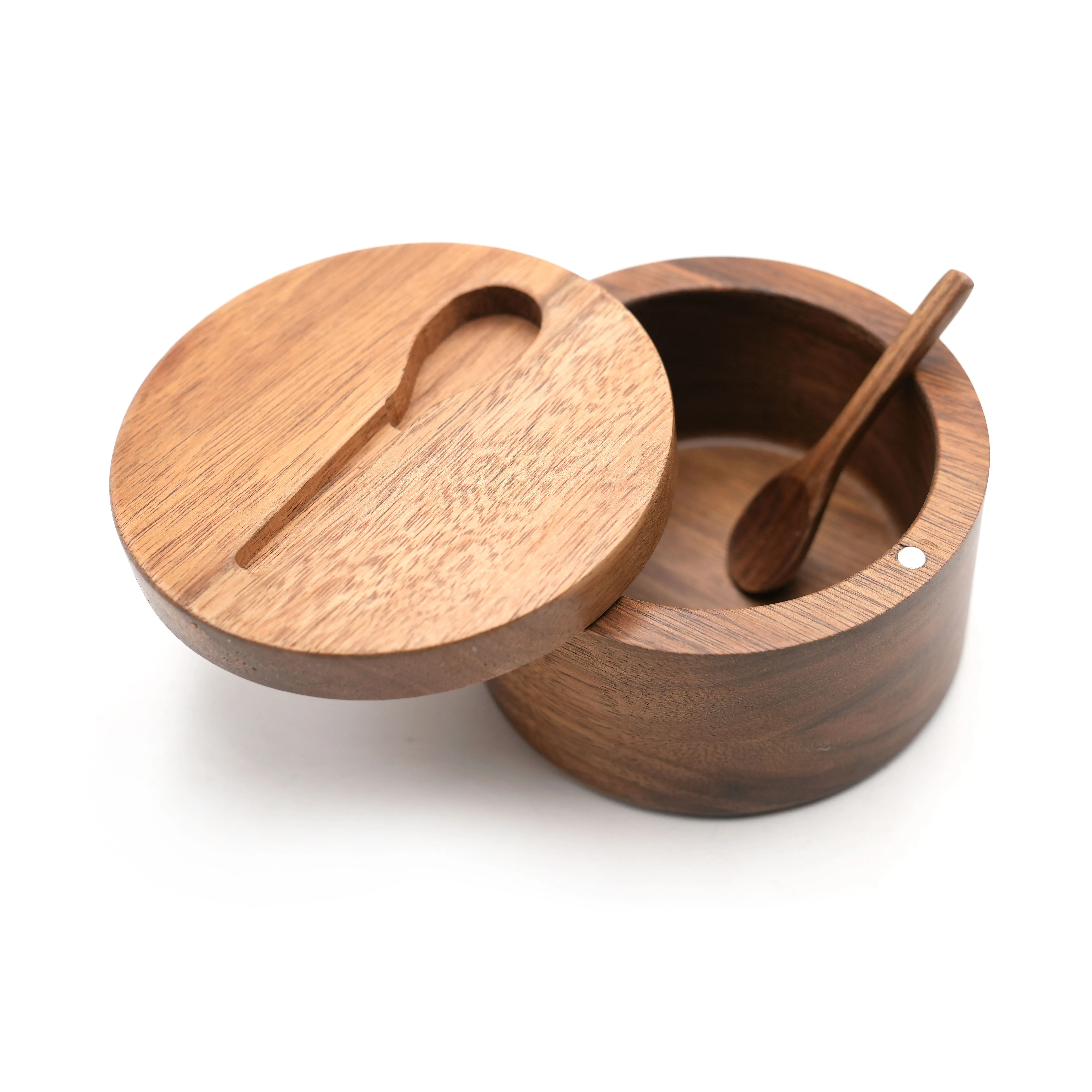 Elegant Wood Condiments Storage Keeper Wooden Spice Cellar Salt Cellar Acacia Wood Salt and Spice Box with Swivel Cover