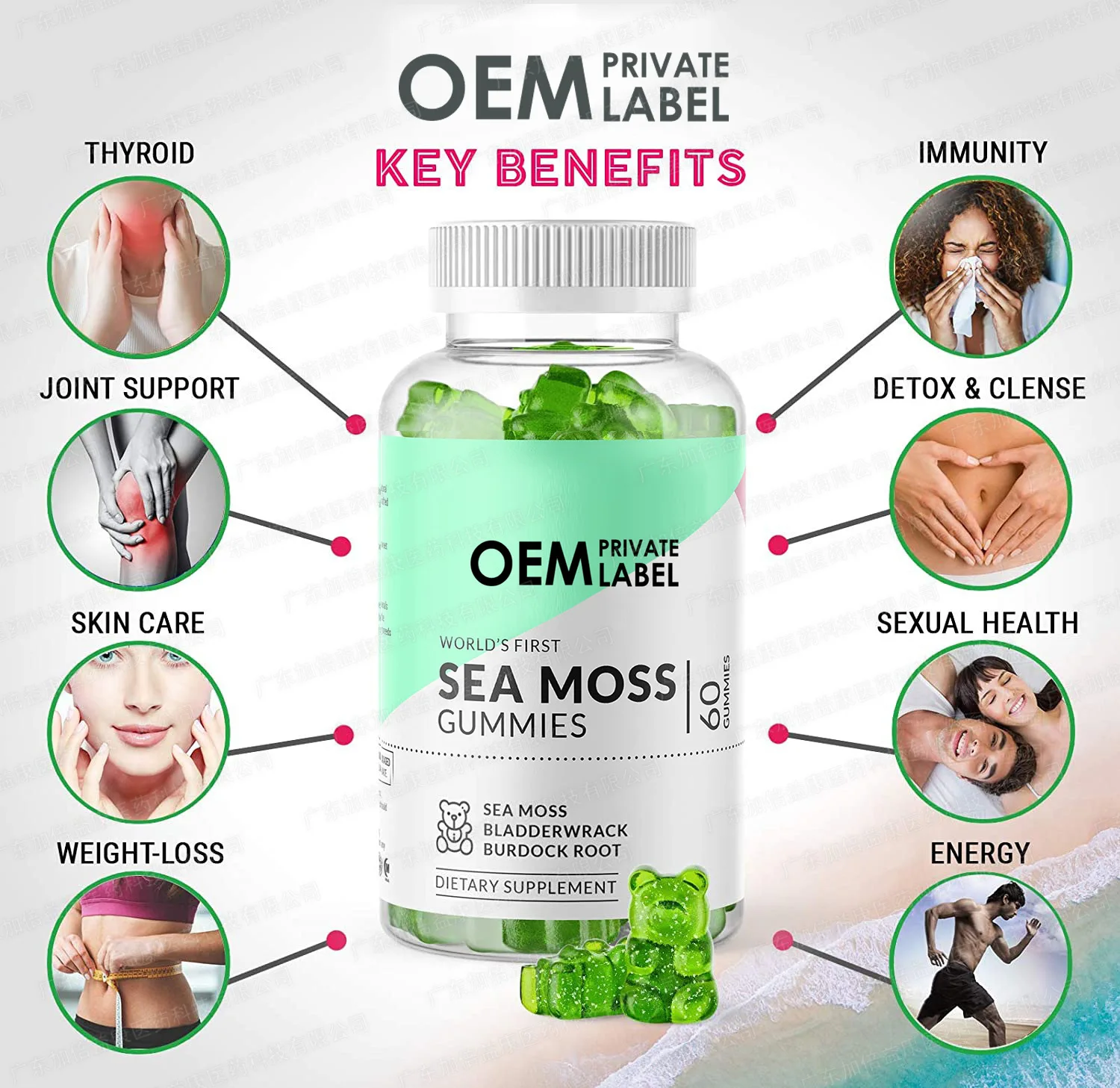 Фабрика OEM медицинские добавки Seamoss Gummies органические индивидуальные косметические продукты витамины для похудения упаковка бутылки CN;SHA