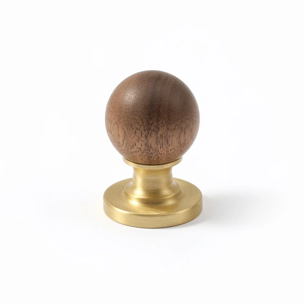 Maxery Cheap Solid Walnut Wood and Brass Small Ball Cabinet Knobs Wooden Wardrobe Drawer Furniture Hardware Door Handles