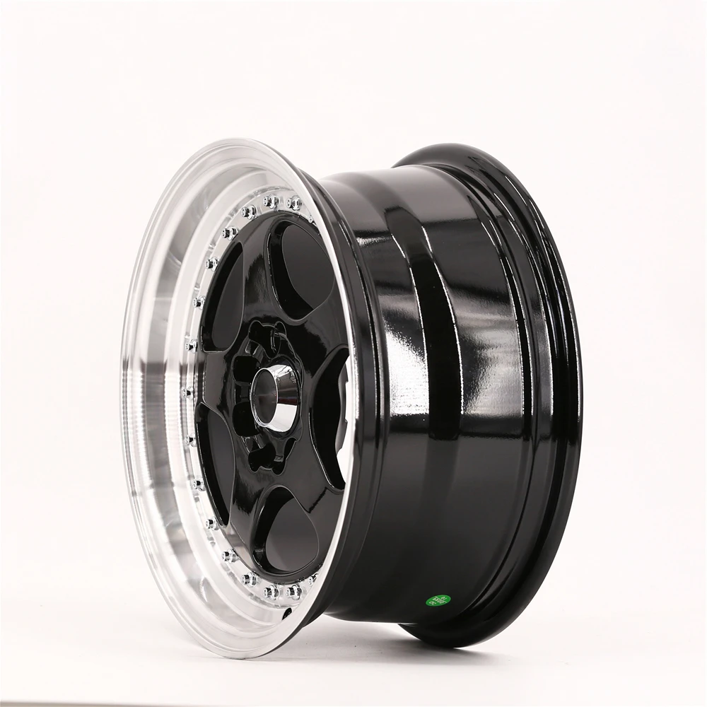 536 Milled Lip 15 Inch Gloss Black Alloy Wheels Rims With Chrome Rivets