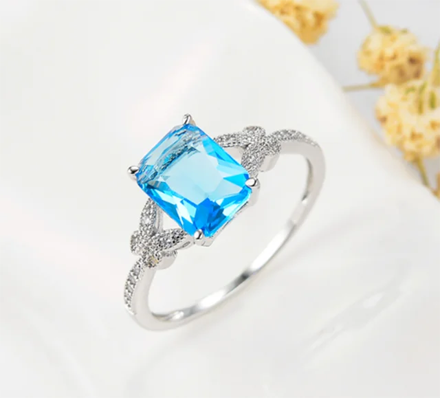 Custom New  Cushion Cut Butterfly Pure White Gold Plated Blue Crystal Cubic Zircon Copper Ring For Wedding