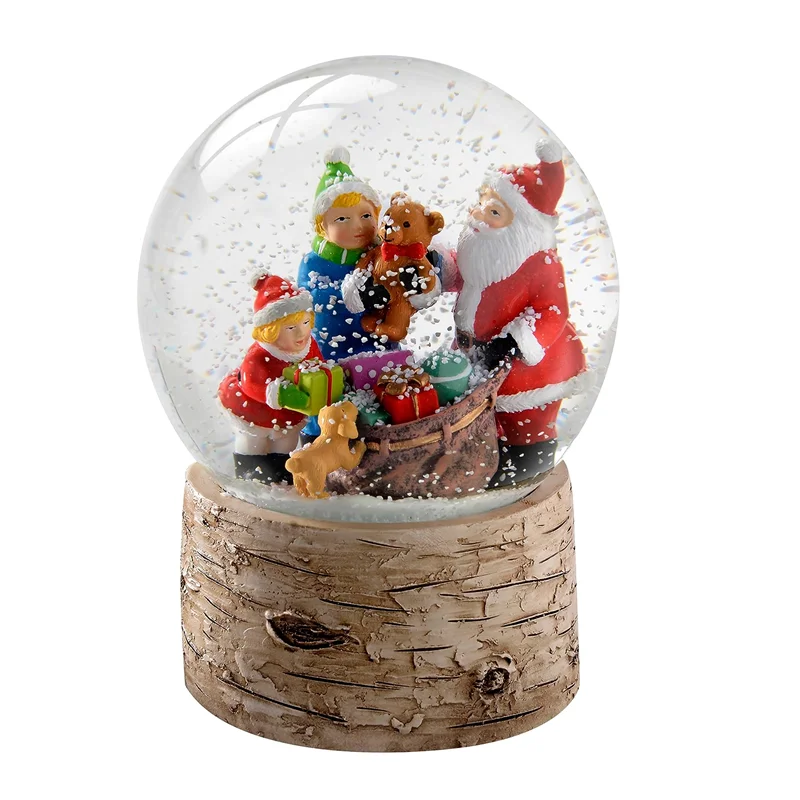 Handmade Resin Decoration Crafts Snowglobes Glass Santa Children and Puppy with Birch Base Christmas Snow Globe