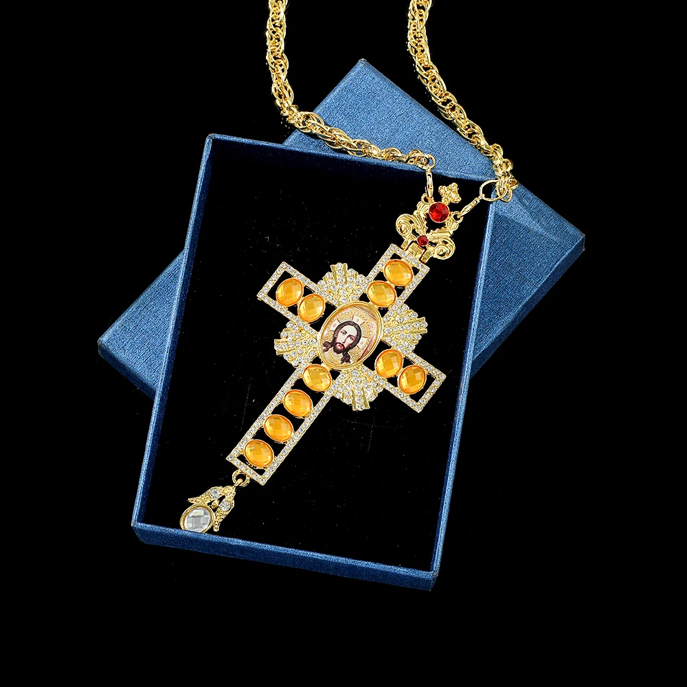 Religious Jesus Byzantine Cross Pendant Necklace Gold Plated Russian Big Heavy Orthodox Catholic Cross Necklace with Box