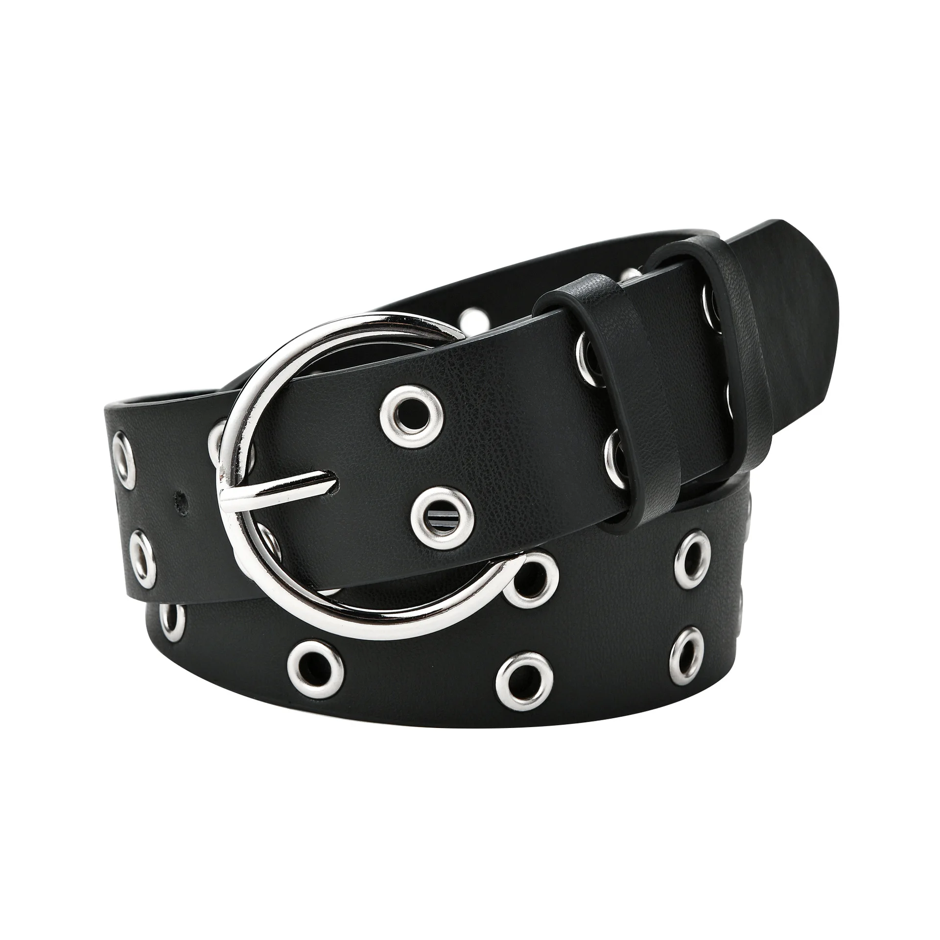 Ladies Casual Punk Decorative Denim Belt Western Fashion Hollow Waist Belt Double Row Holes Leather Belt For Teens