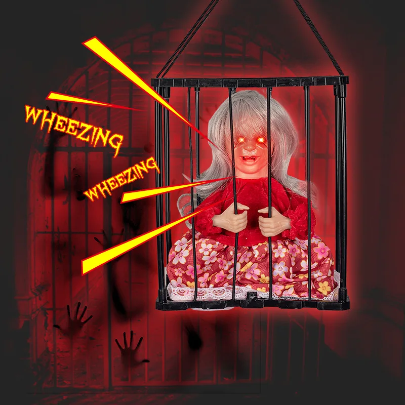 Halloween Hanging Decoration Cage Ghost Electric Toy Stretching Threatening Luminous Voice Prisoner Witch One-Eyed