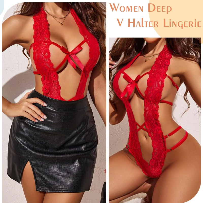 Factory New Design Custom Sexy Women Deep V Halter Lace Lingerie One Piece Bodysuit Middle Hollowed Out Lingerie With Bow