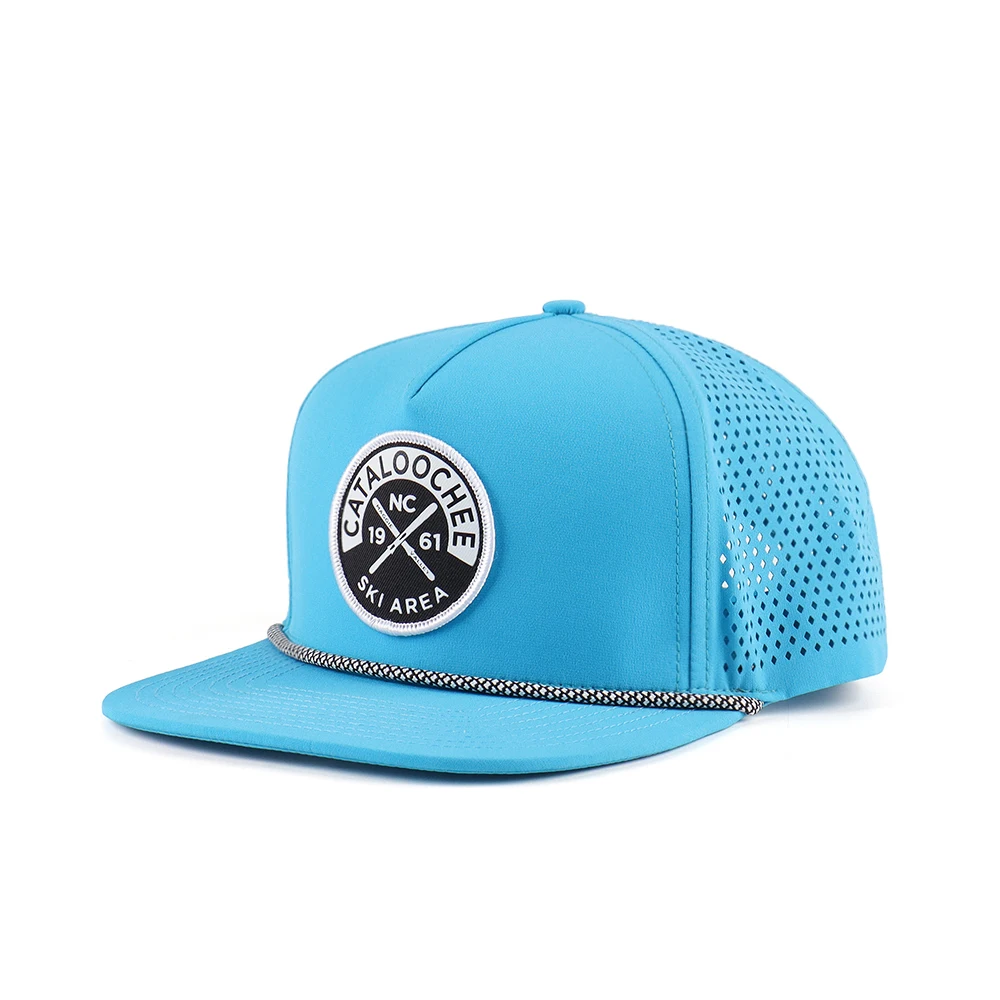 BSCI Factory Custom 5 Panel Flat Bill Hip Hop Waterproof Snapback Cap,Woven Patch Mix Colored Rope Laser Cut Hole Perforated Hat