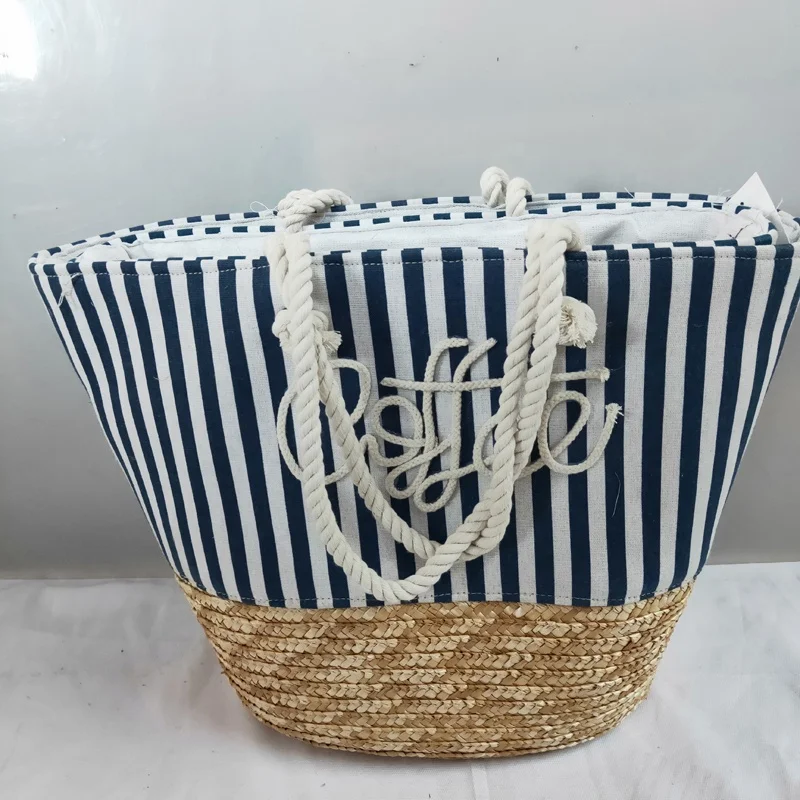 cotton lining materials summer fashion cotton rope storage basket straw beach bag handbag with straw bottom
