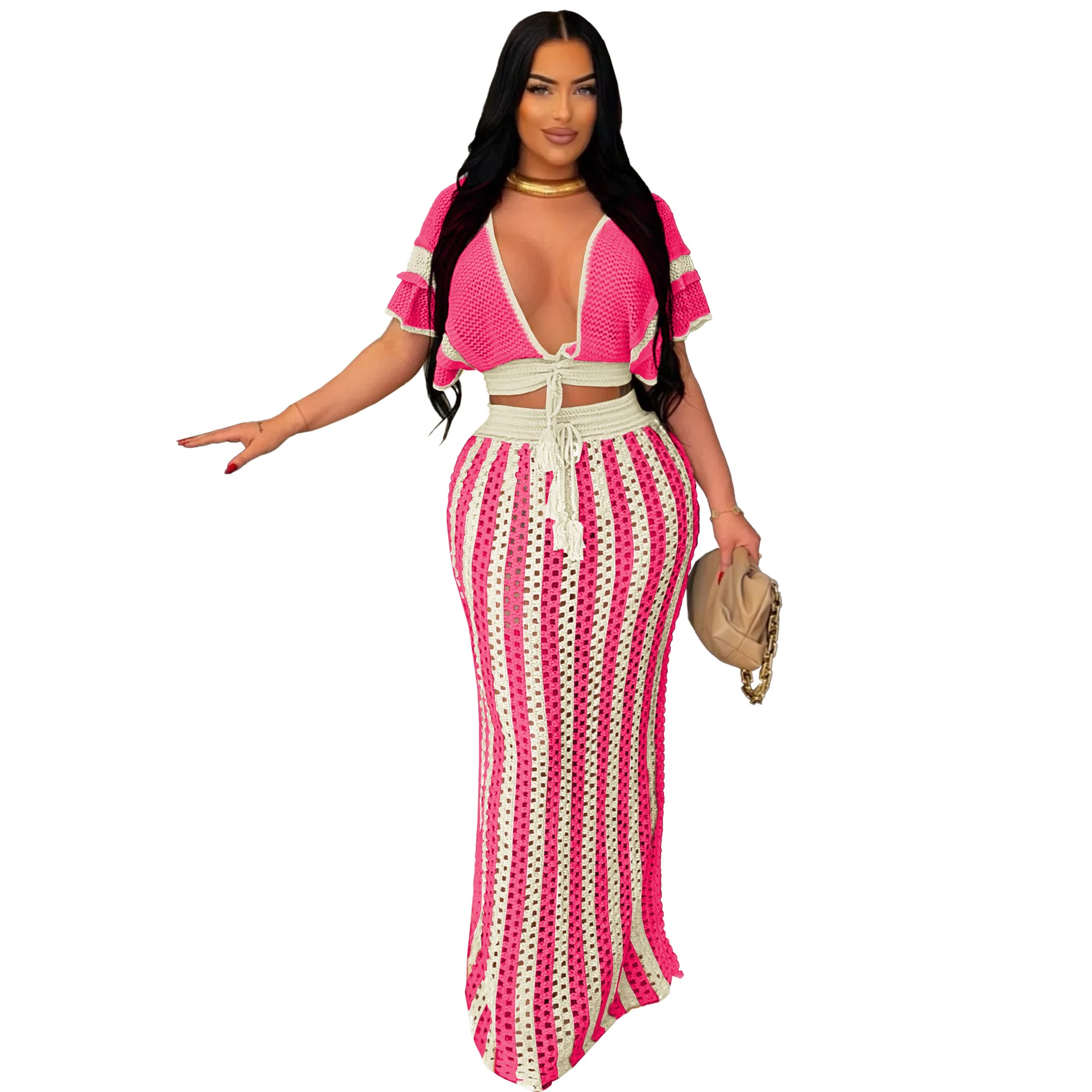 summer beach wear crochet two piece set skirt and top woman fashion white top and skirt set