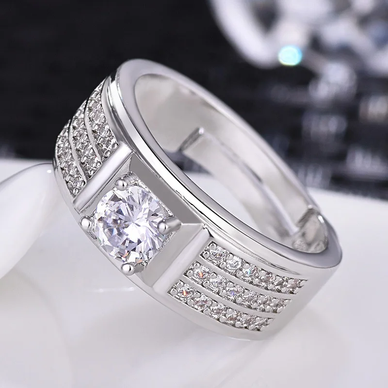  2021 Hot selling trendy jewelry vintage crystal zircon silver plated open rings men wedding engagement diamond adjustable