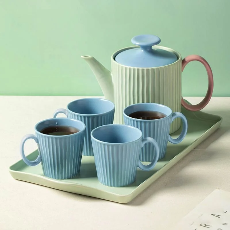 Ceramic Coffee Mug and Teapot with Serving Tray Gift Set Nordic Water Cups Tea Pot Kettle Suit Home Decoration