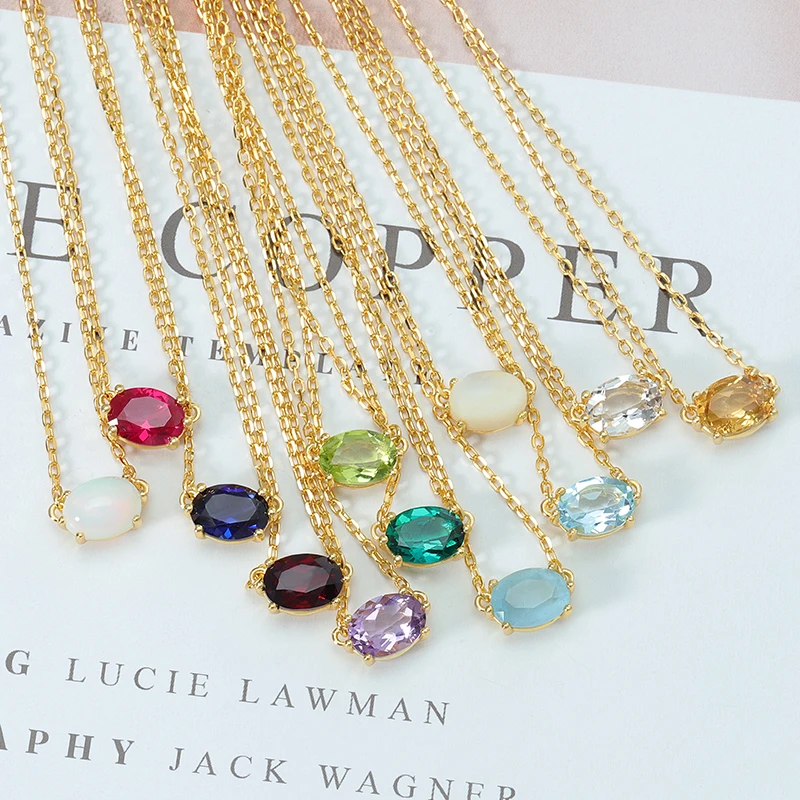 925 Sterling Silver Gem Stone 12 Birthdays Stones White Beryl Mother Of Pearl Red Peridot Olivine Corundum Artificial Necklace