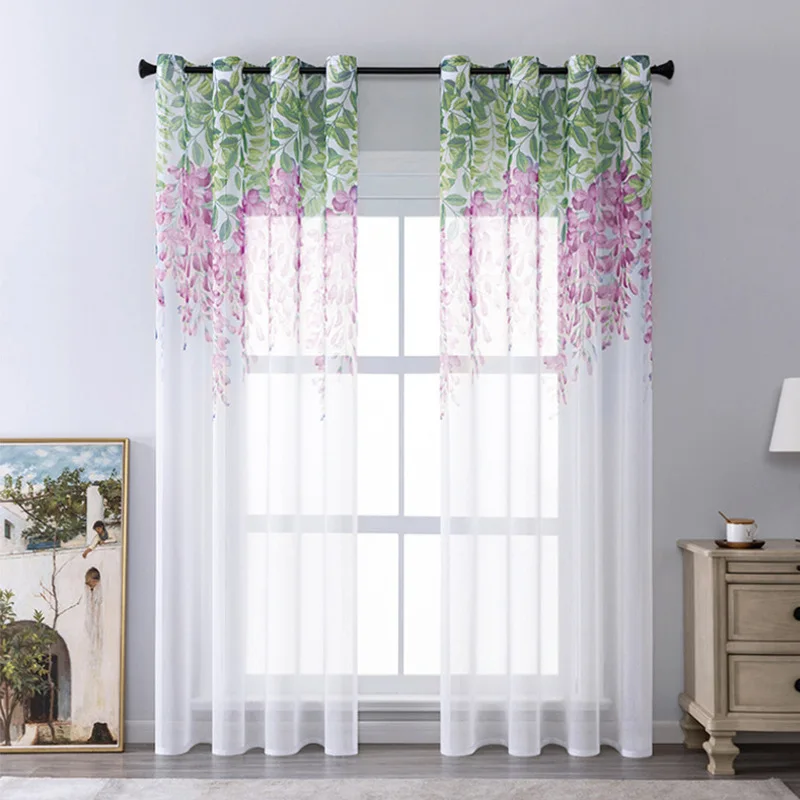 Amity Cute Willow Leaf Tulle Rideaux transparents  Pastoral  Willow Floral Window Decorative Cortinas For Bedroom Living Room