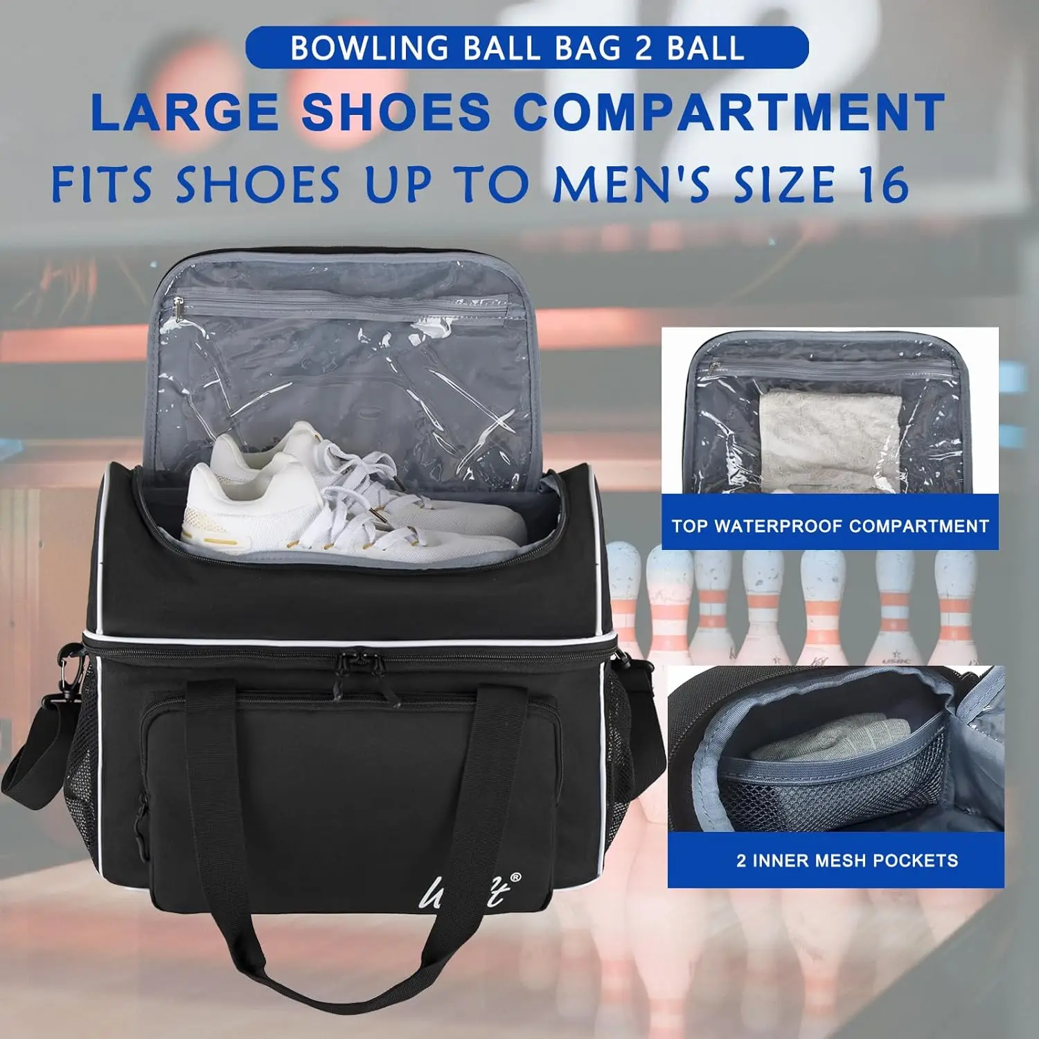 WOLT Bowling Ball Bag for 2 Balls with Padded Ball Holder- Fits Bowling Shoes bowling accessories