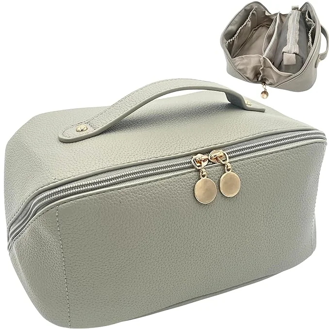 Large Capacity Travel Cosmetic Bag Makeup Bag Opens Flat for Easy Access Waterproof Portable Cosmetics Bag with Handle Divider