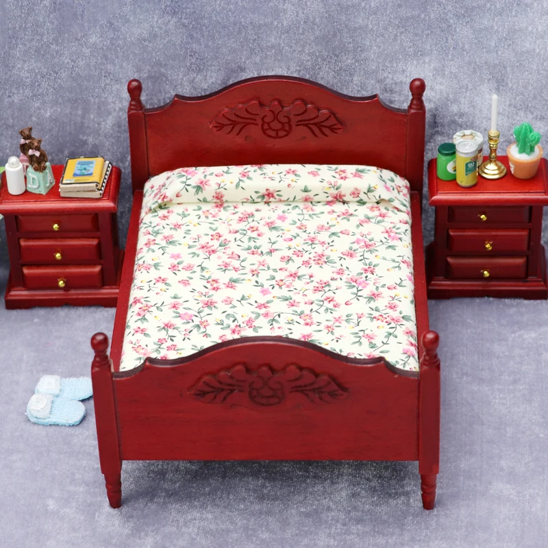 1:12 Doll House Dollhouse Mini Furniture Bedroom Micro Scene Wooden Crafts Redwood Double Bed