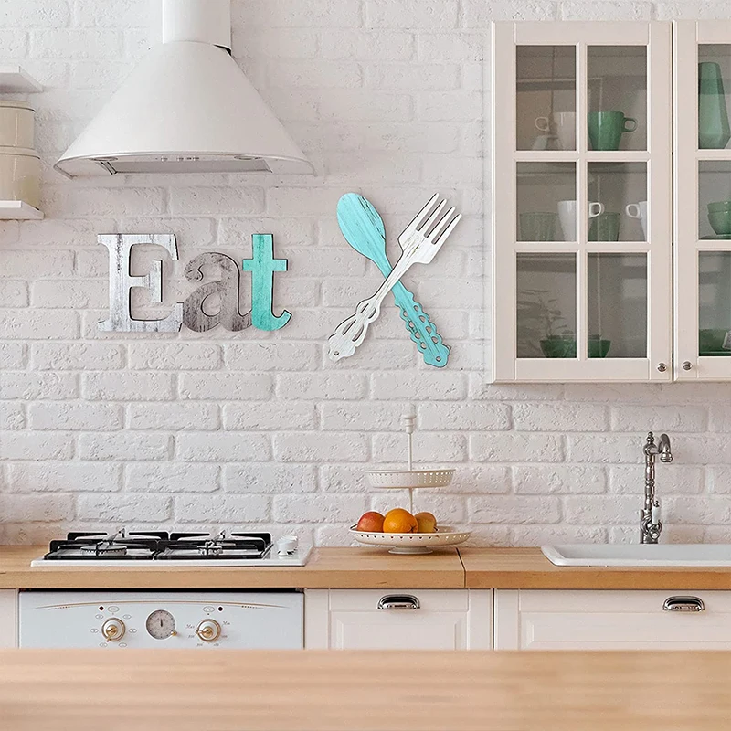 Multicolor Rustic Cutout Eat Fork Spoon Wooden Wall Signs For Kitchen Home Decor