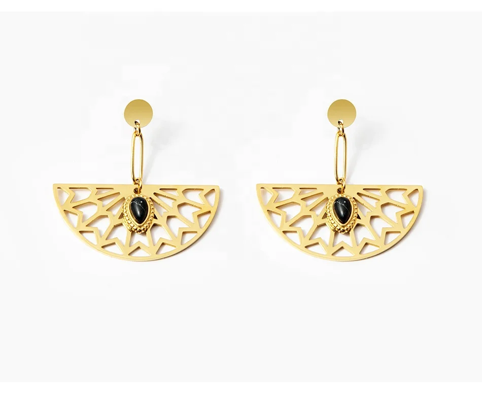 Fashionable and Personalized Natural Stone Droplets 14 K Gold Fan shaped  Stainless Steel Earring