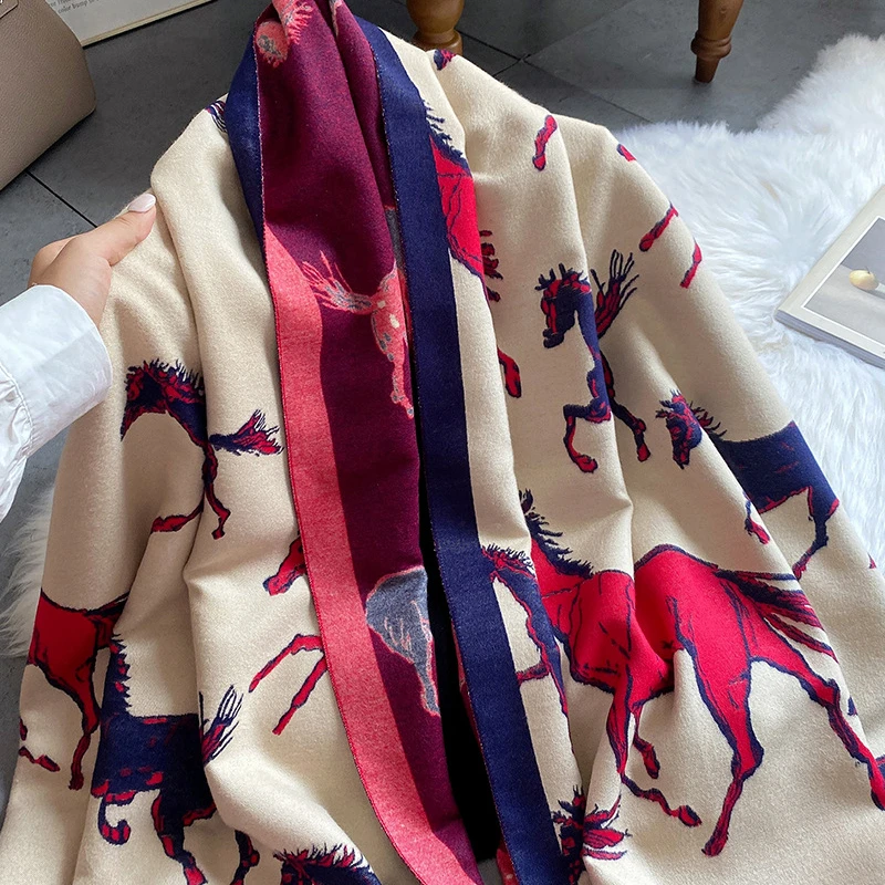 2023 ladies luxury animal horse pattern winter cashmere scarves women solid color plain double sided pashmina shawls