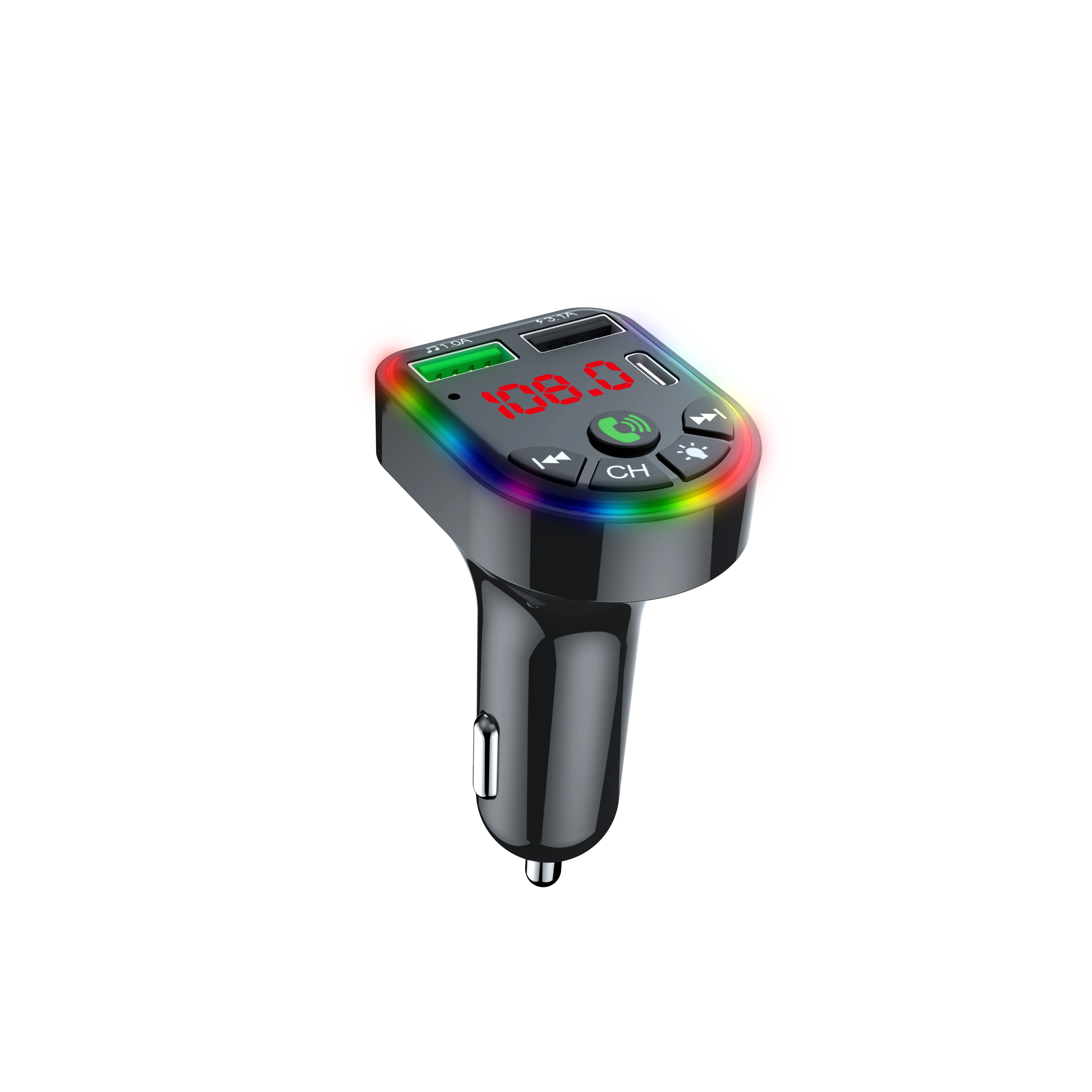 2024 hot selling handfree car kit 2 usb ports charger car FM transmitter with  7 colors LED backlit lights MP3 player