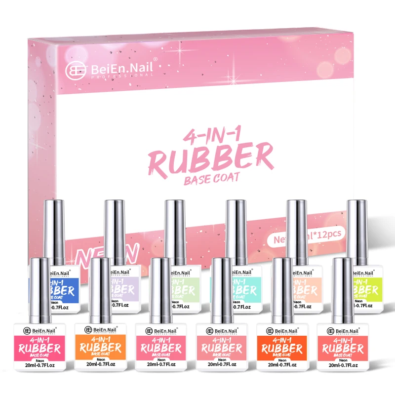 Custom LOGO 20ml Neon 12 Colored 4 in 1 Rubber Base Coat OEM &ODM Kit Professional Design UV Fluorescent Nail Tip Gel Polish